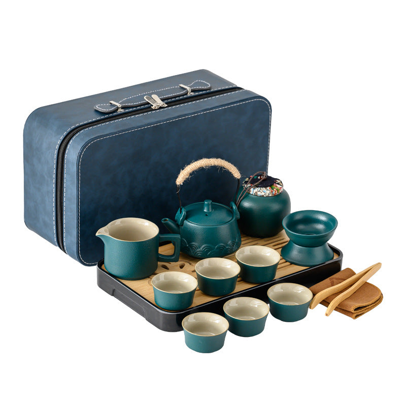 Portable Kung Fu Tea Set - Teal Ceramic Teapot with 6 Cups & Tray and Carrying Case