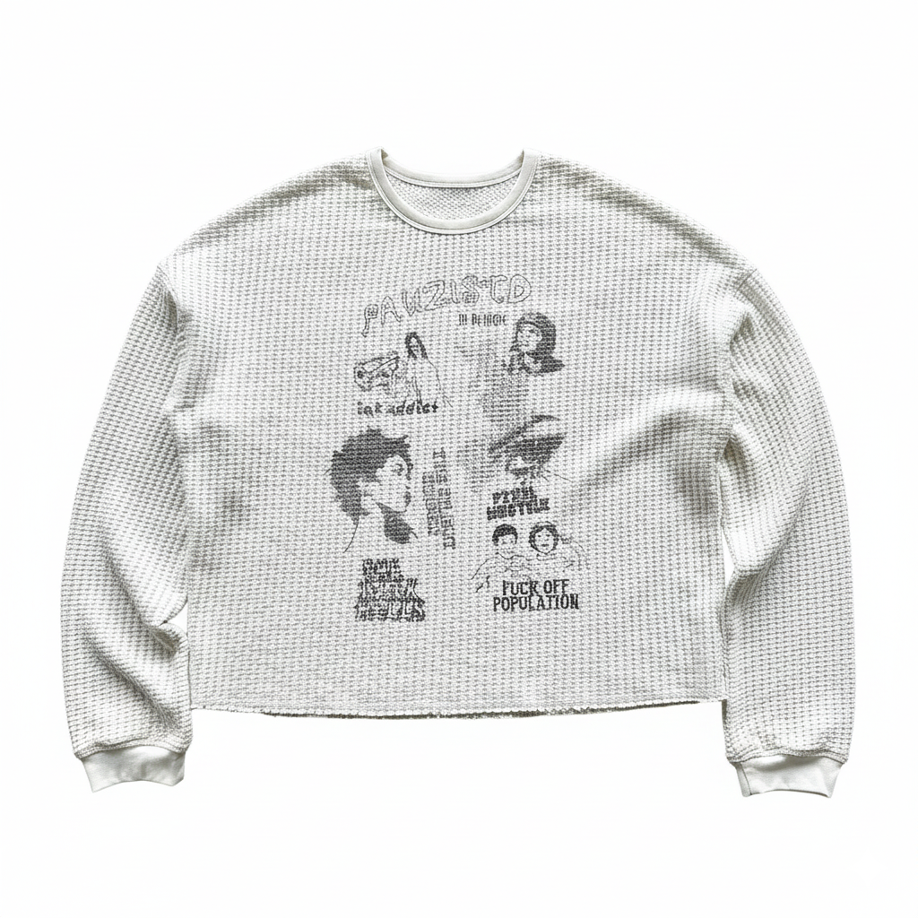 Erole "Redemption of Sin" Waffle Knit Graphic Long Sleeve – Oversized Thermal Crewneck Top, Ivory Textured Unisex Streetwear, Vintage Punk Collage Print, Grunge Aesthetic Fall/Winter Shirt