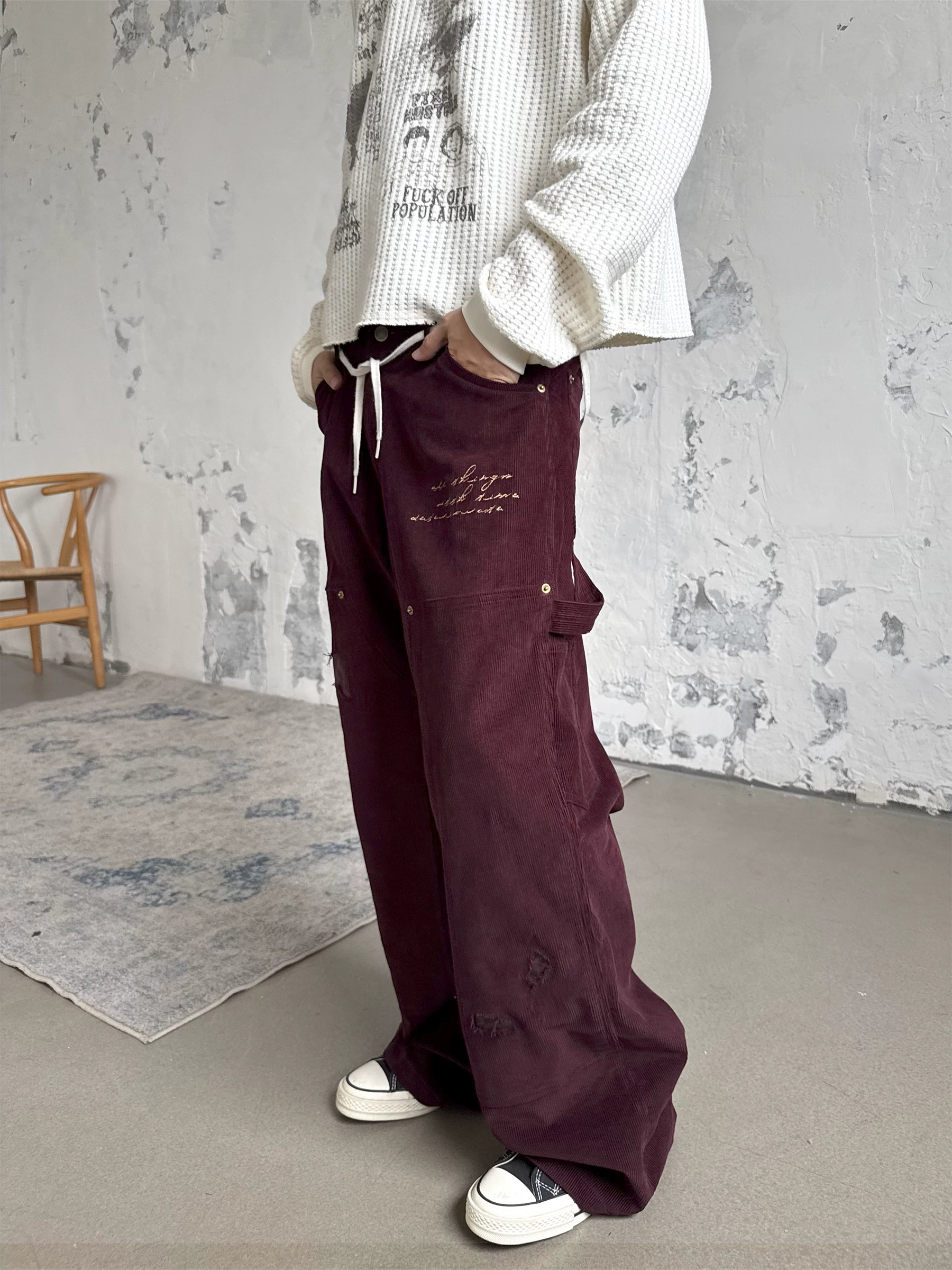 Erole "painted seal" embroidered wine red leopard patch corduroy b01 retro work pants double knee logging pants