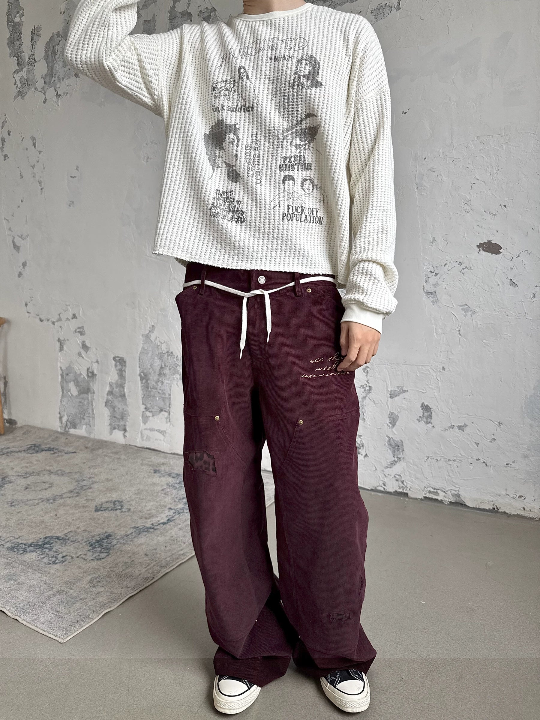 Erole "Redemption of Sin" Waffle Knit Graphic Long Sleeve – Oversized Thermal Crewneck Top, Ivory Textured Unisex Streetwear, Vintage Punk Collage Print, Grunge Aesthetic Fall/Winter Shirt