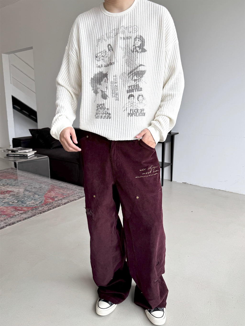 Erole "Redemption of Sin" Waffle Knit Graphic Long Sleeve – Oversized Thermal Crewneck Top, Ivory Textured Unisex Streetwear, Vintage Punk Collage Print, Grunge Aesthetic Fall/Winter Shirt