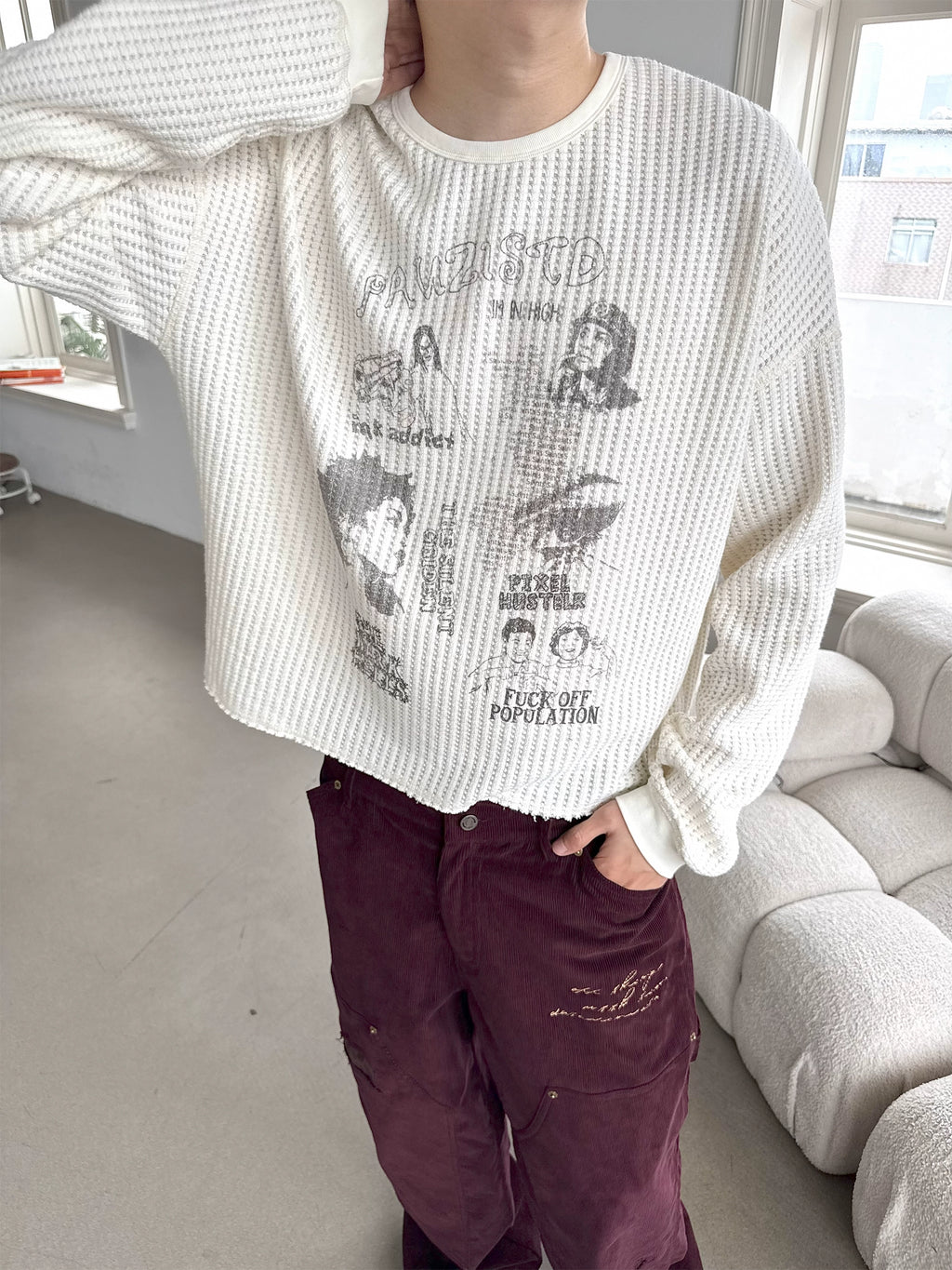 Erole "Redemption of Sin" Waffle Knit Graphic Long Sleeve – Oversized Thermal Crewneck Top, Ivory Textured Unisex Streetwear, Vintage Punk Collage Print, Grunge Aesthetic Fall/Winter Shirt