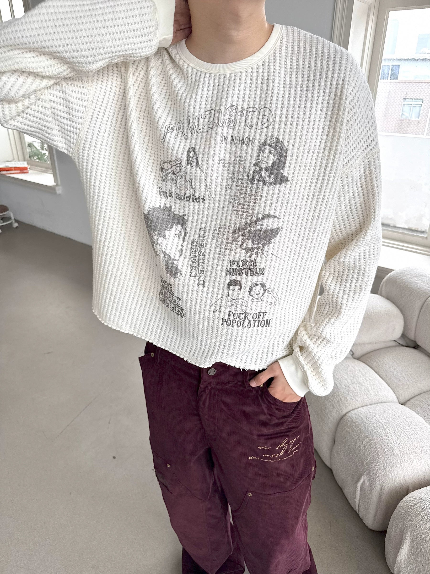 Erole "Redemption of Sin" Waffle Knit Graphic Long Sleeve – Oversized Thermal Crewneck Top, Ivory Textured Unisex Streetwear, Vintage Punk Collage Print, Grunge Aesthetic Fall/Winter Shirt