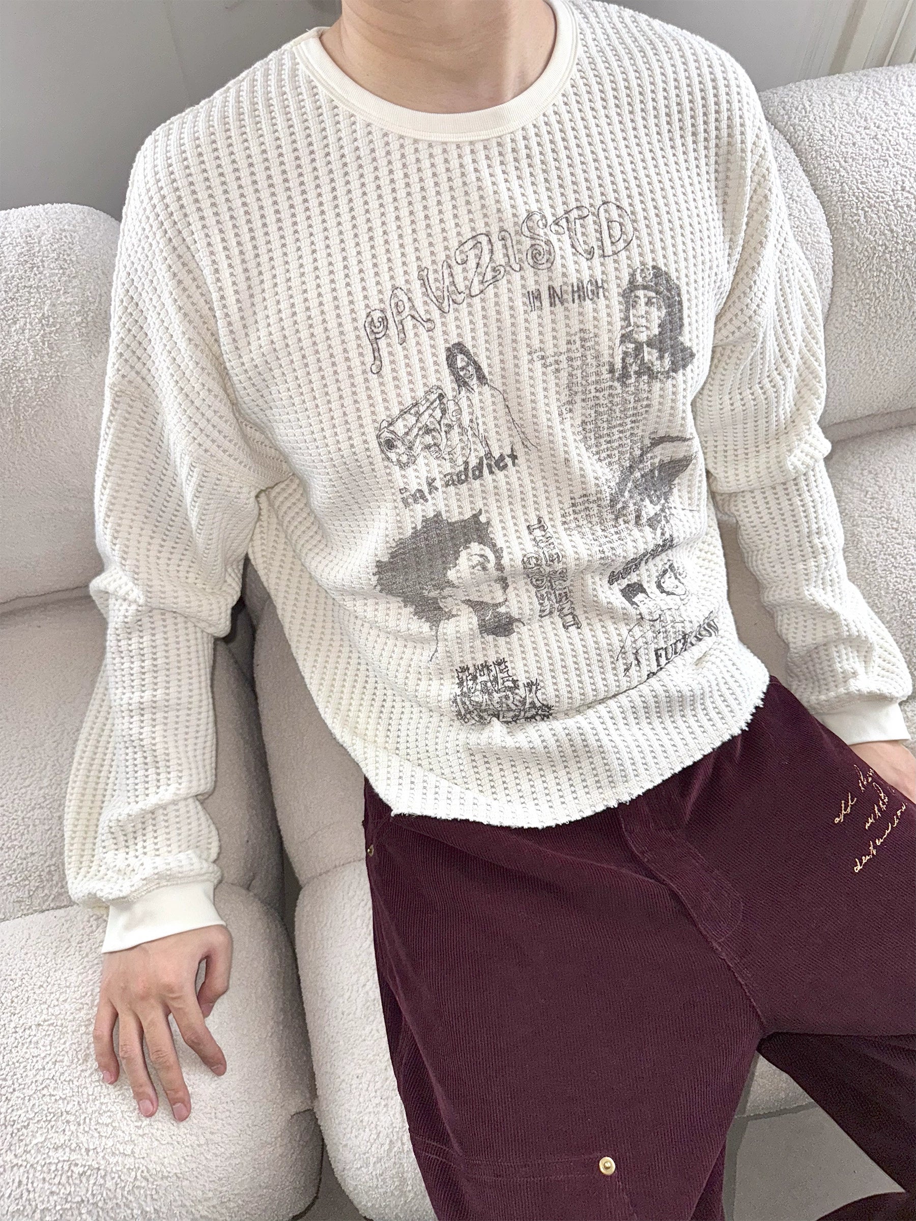 Erole "Redemption of Sin" Waffle Knit Graphic Long Sleeve – Oversized Thermal Crewneck Top, Ivory Textured Unisex Streetwear, Vintage Punk Collage Print, Grunge Aesthetic Fall/Winter Shirt
