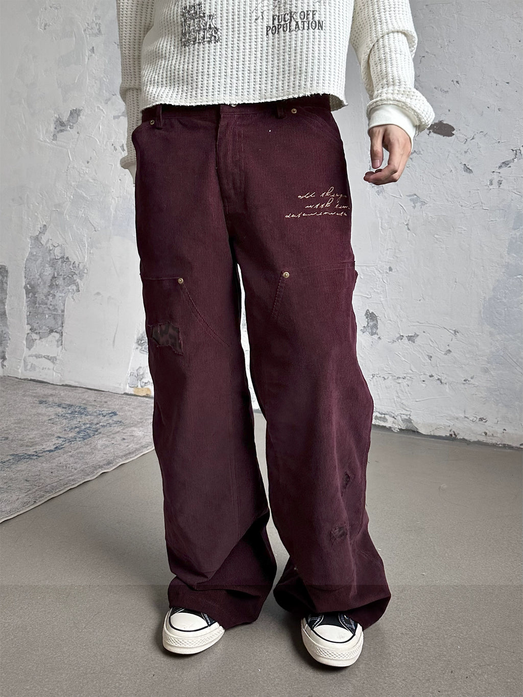 Erole "painted seal" embroidered wine red leopard patch corduroy b01 retro work pants double knee logging pants