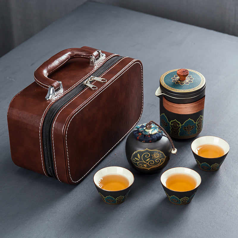 Portable Kung Fu Tea Set - Black Ceremic Teapot with 3 Cups and Carrying Case